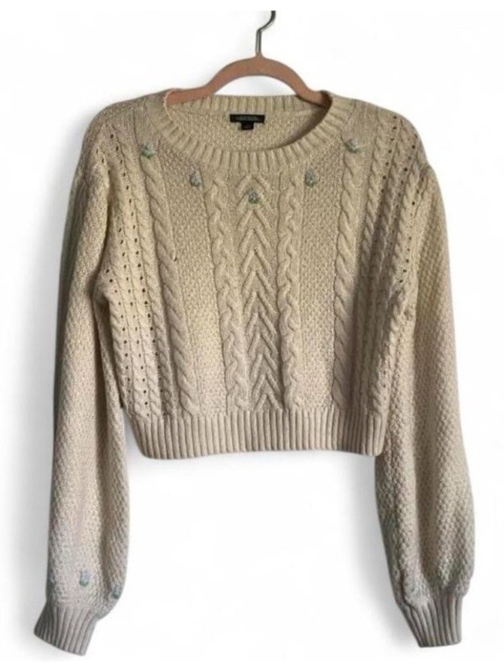 Wild Fable Cream Cable Knit Crop Sweater Floral Embroidered Women’s Small